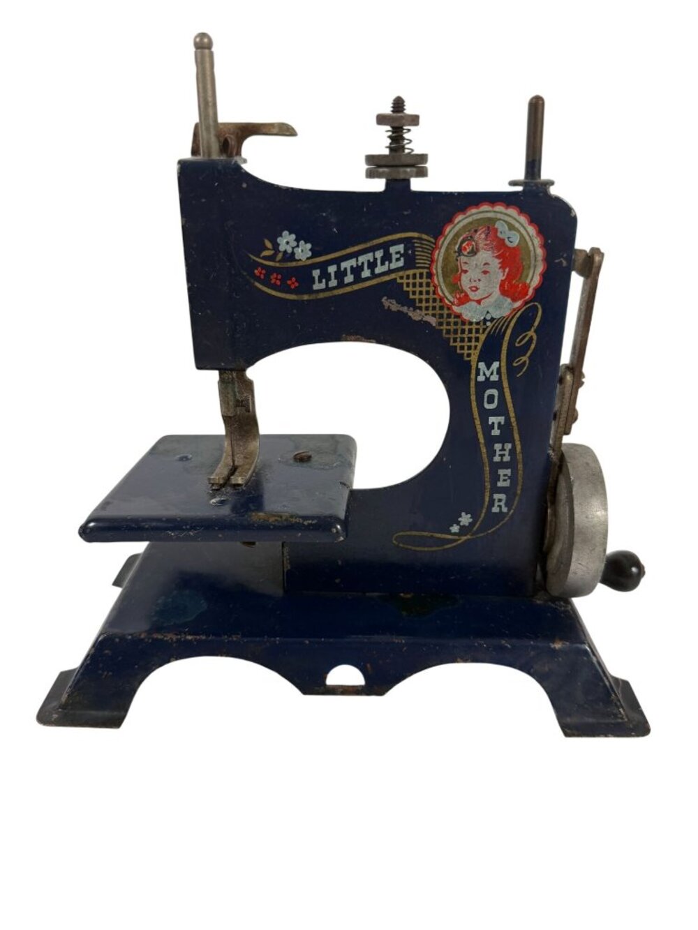 Vintage Little Mother Childs Toy Sewing Machine Blue Metal Hand Crank Untested
